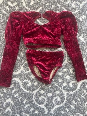 LA Designs Custom Red Velvet Two-Piece Dance Top and High-Waist Briefs